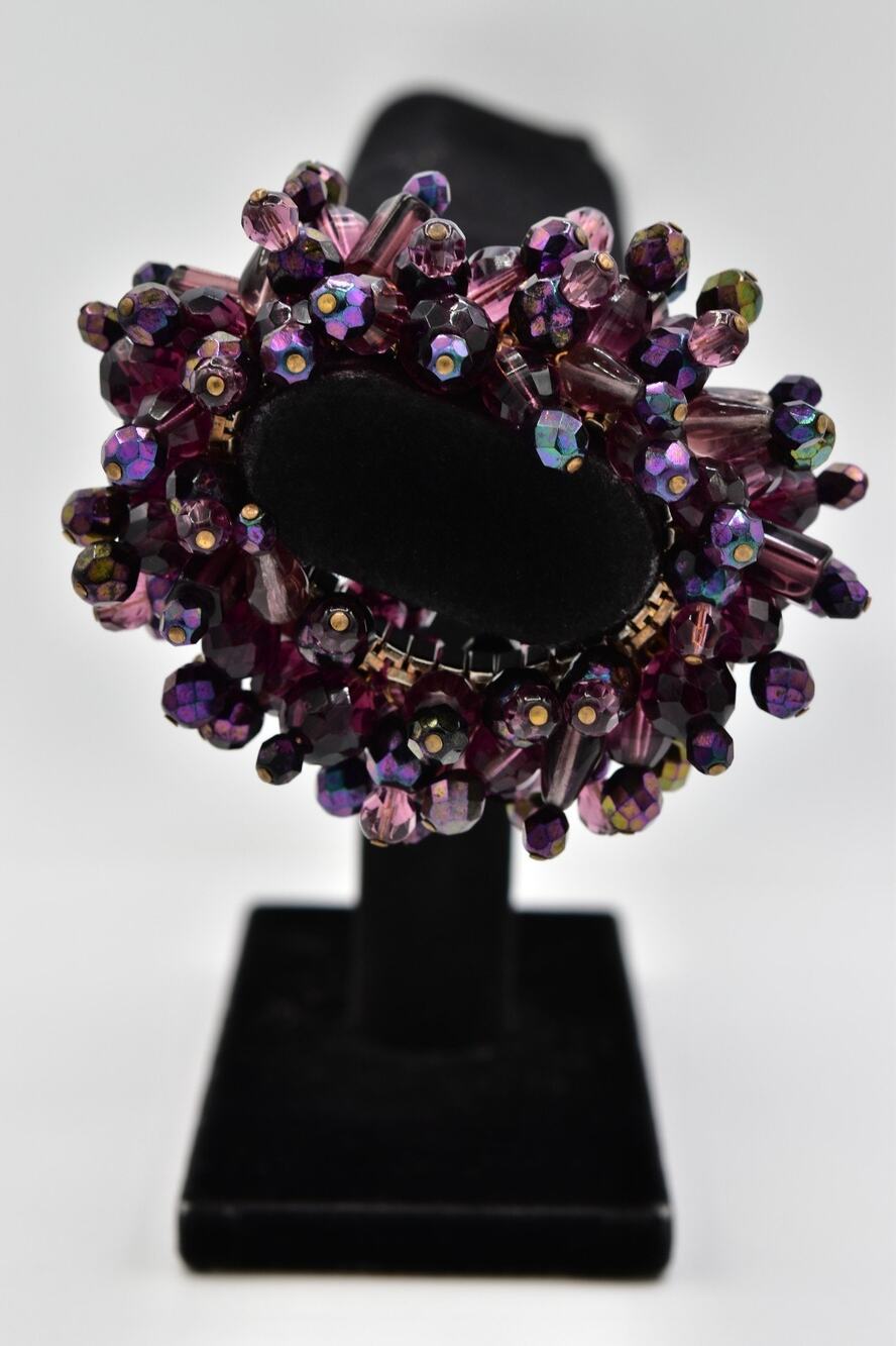 Vintage Purple Beaded Cha Cha Expansion Bracelet AB Heavy Statement 1960s Bin6